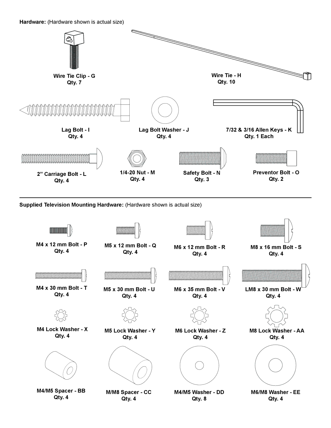 Sanus Systems VMAA26 manual Hardware Hardware shown is actual size 