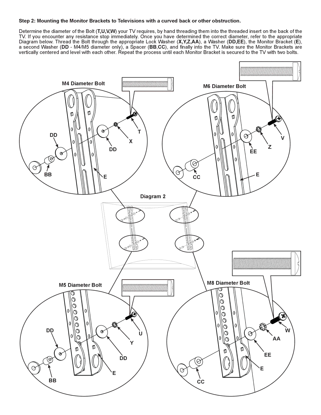 Sanus Systems VMAA26 manual M4 Diameter Bolt M6 Diameter Bolt, Diagram M5 Diameter Bolt 