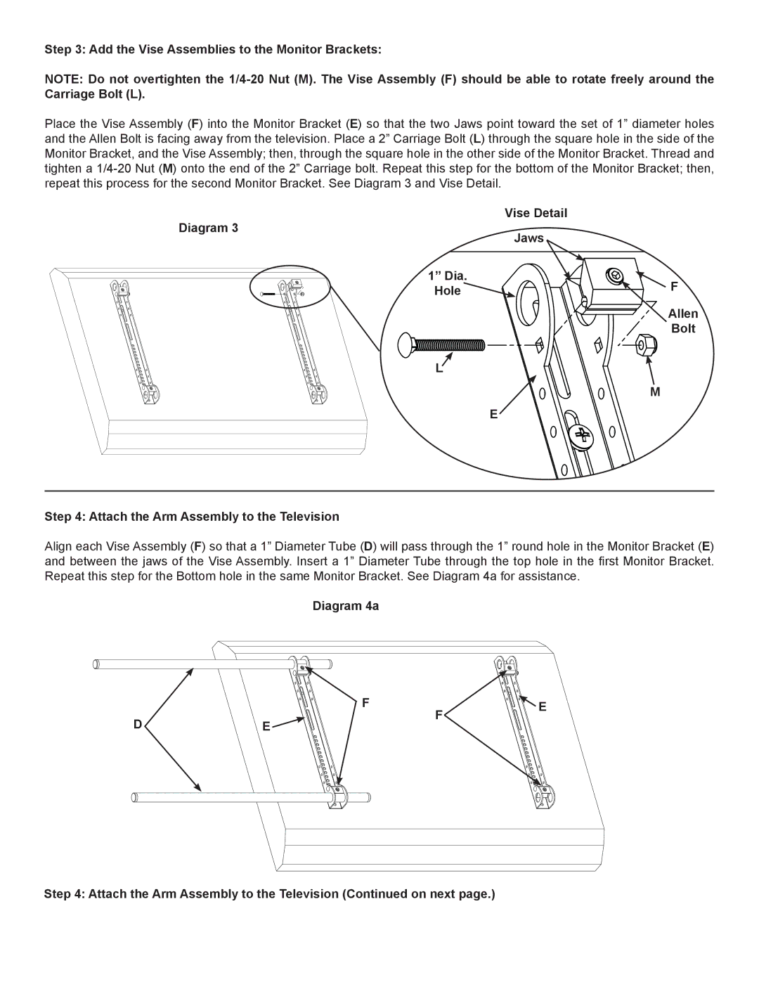 Sanus Systems VMAA26 manual Add the Vise Assemblies to the Monitor Brackets, Vise Detail Diagram Jaws, Hole 