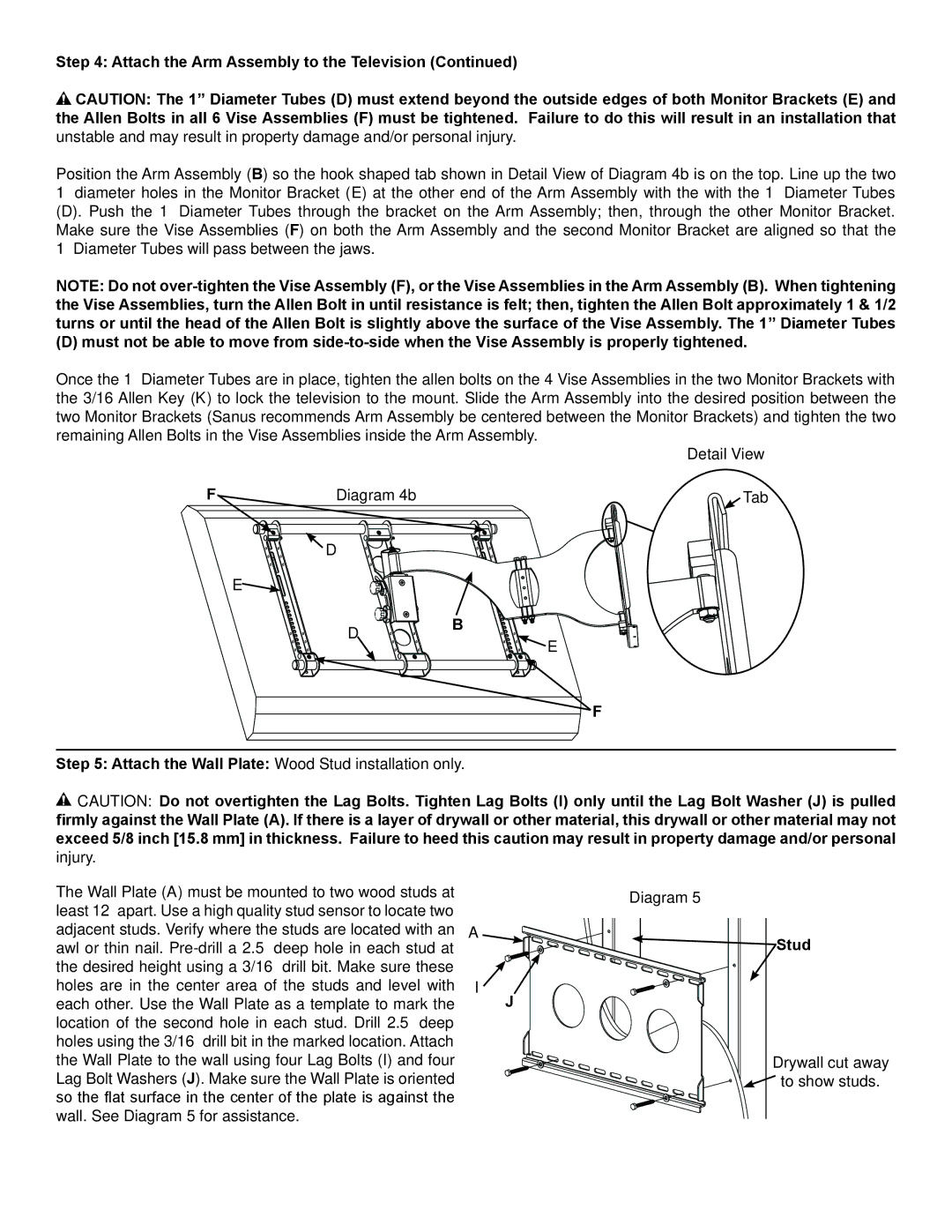 Sanus Systems VMAA26 manual Detail View Diagram 4b, Attach the Wall Plate Wood Stud installation only 