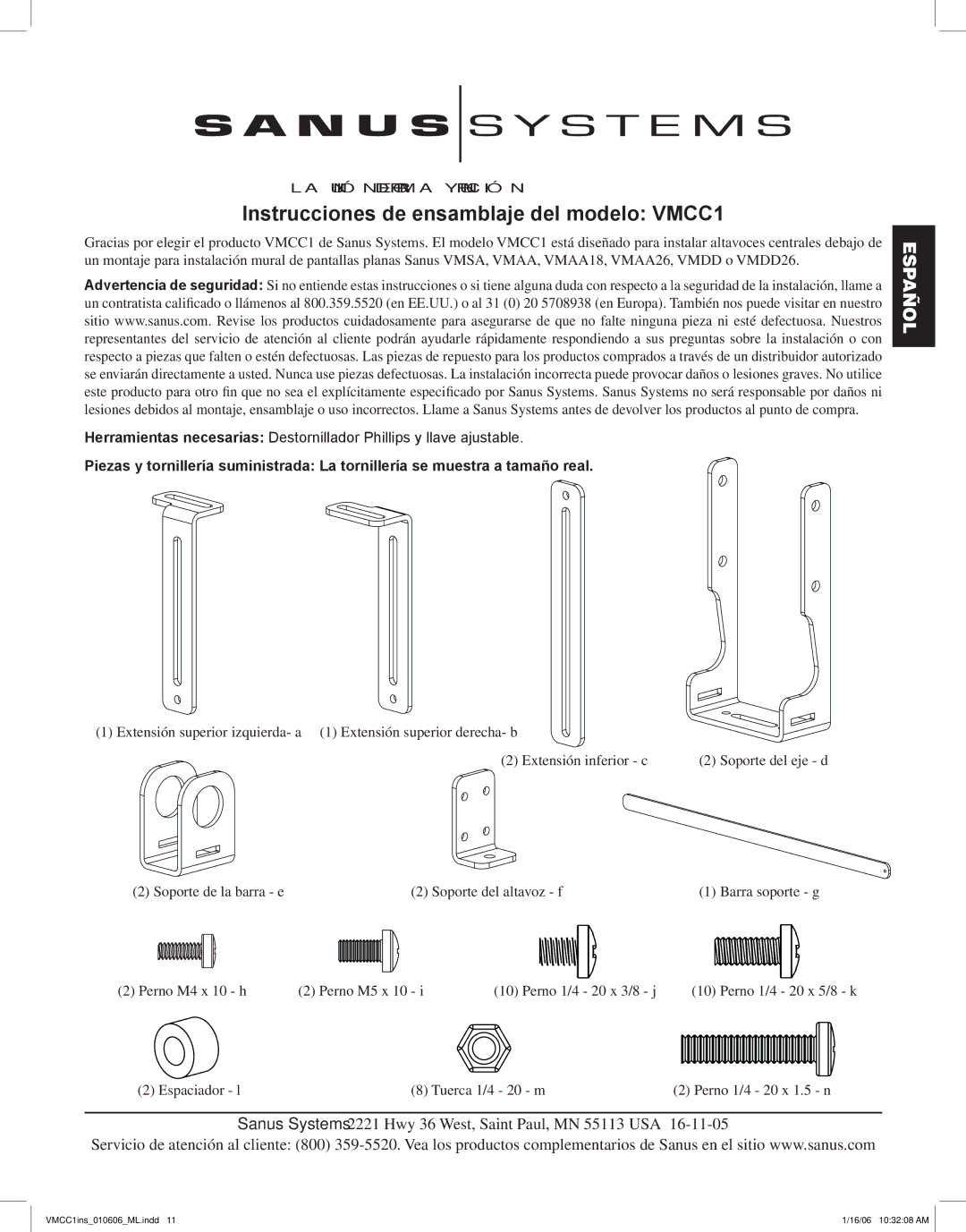 Sanus Systems manual Instrucciones de ensamblaje del modelo VMCC1 