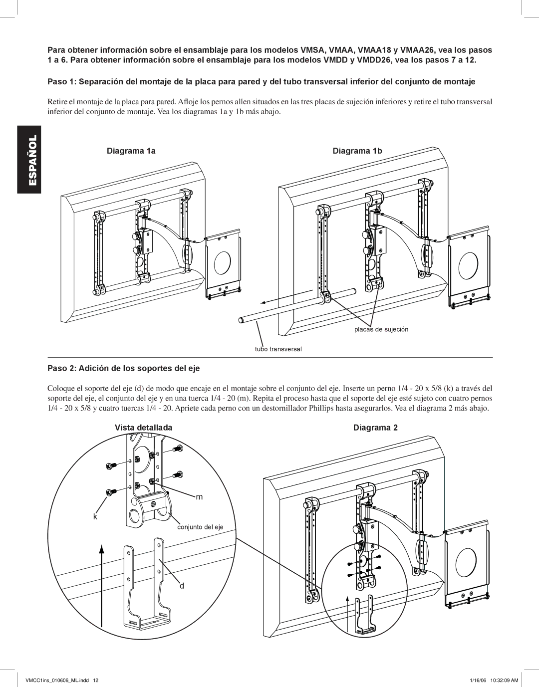 Sanus Systems VMCC1 manual Diagrama 1a, Paso 2 Adición de los soportes del eje, Vista detallada 