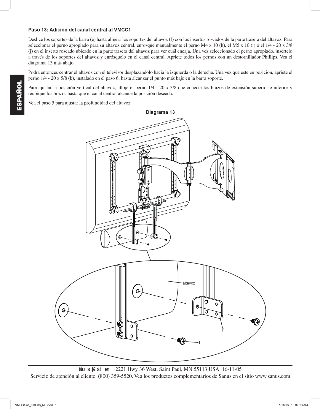 Sanus Systems manual Paso 13 Adición del canal central al VMCC1 