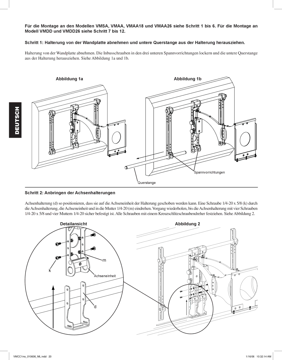 Sanus Systems VMCC1 manual Abbildung 1a Abbildung 1b, Schritt 2 Anbringen der Achsenhalterungen, Detailansicht Abbildung 