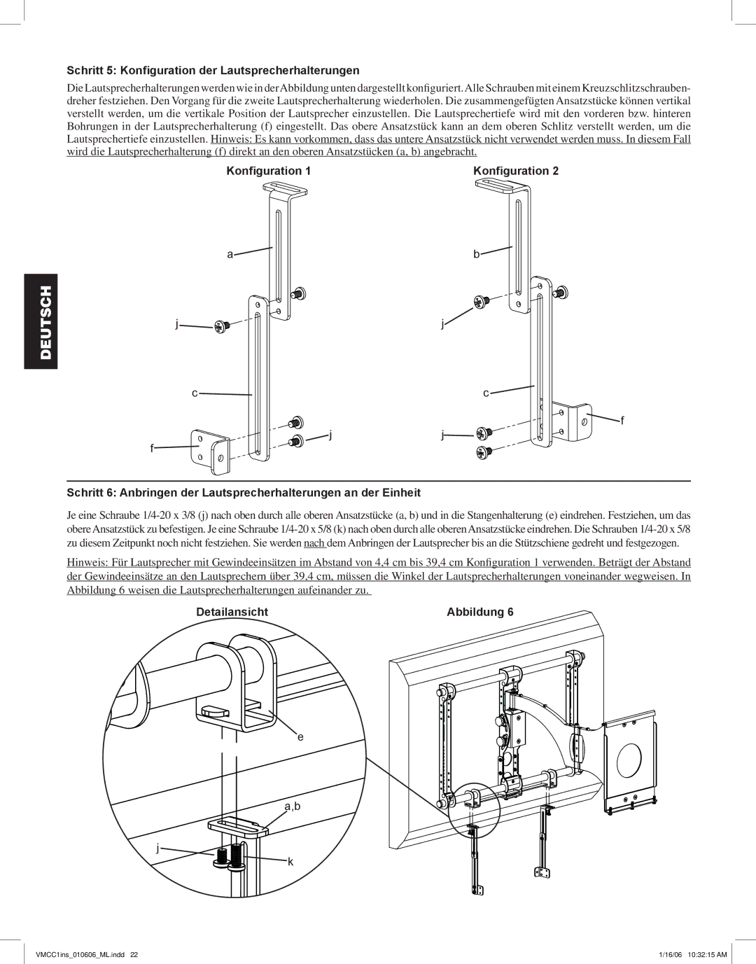 Sanus Systems VMCC1 manual Schritt 5 Konfiguration der Lautsprecherhalterungen 