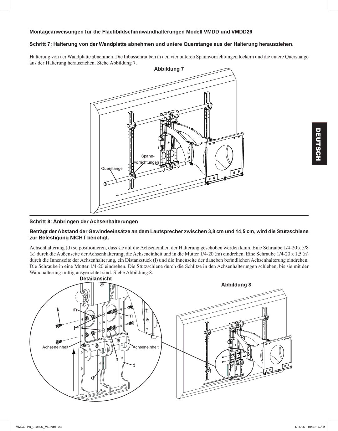 Sanus Systems VMCC1 manual Wandhalterung mittig ausgerichtet sind. Siehe Abbildung 