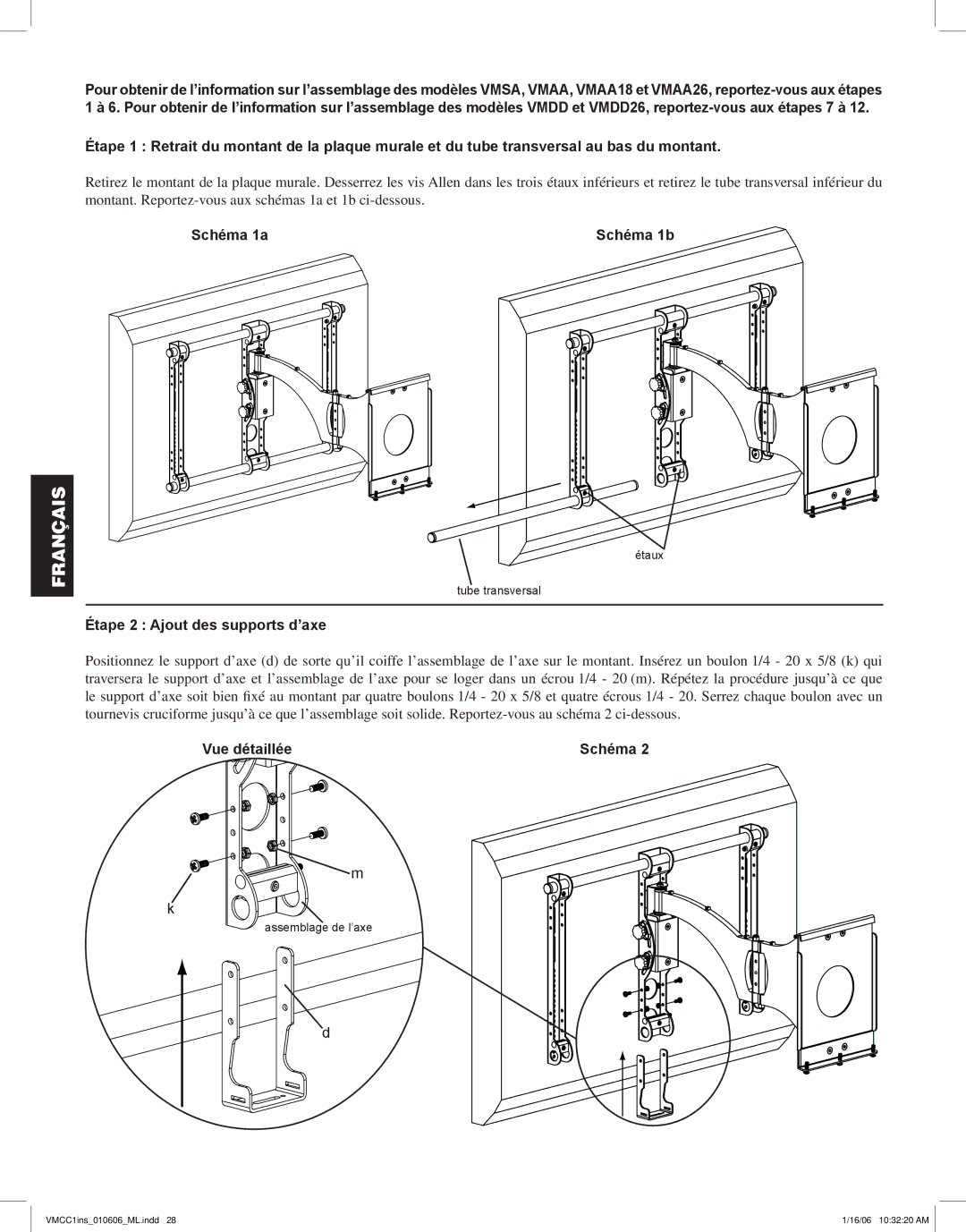 Sanus Systems VMCC1 manual Schéma 1a Schéma 1b, Étape 2 Ajout des supports d’axe, Vue détaillée 