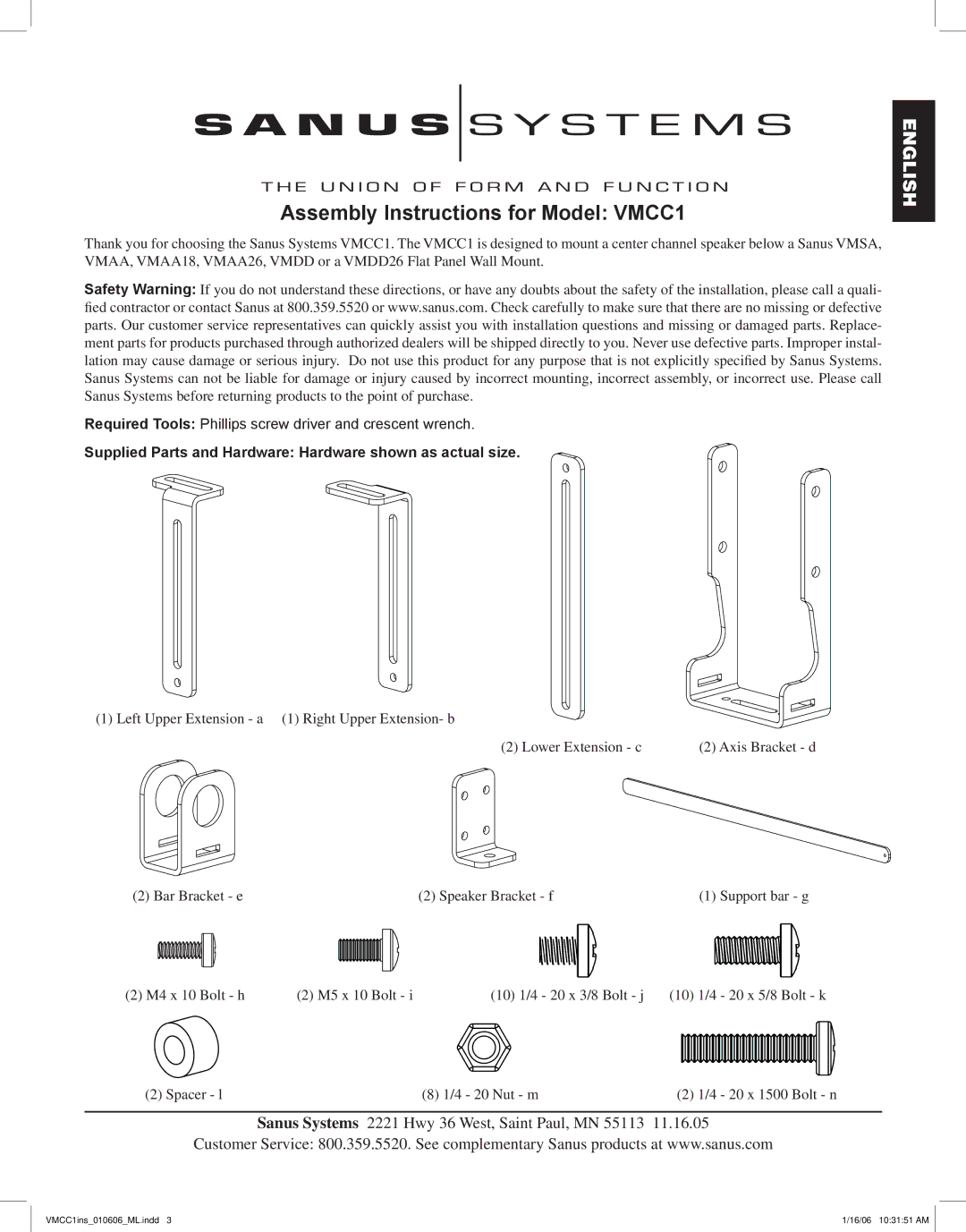 Sanus Systems manual Assembly Instructions for Model VMCC1, Supplied Parts and Hardware Hardware shown as actual size 