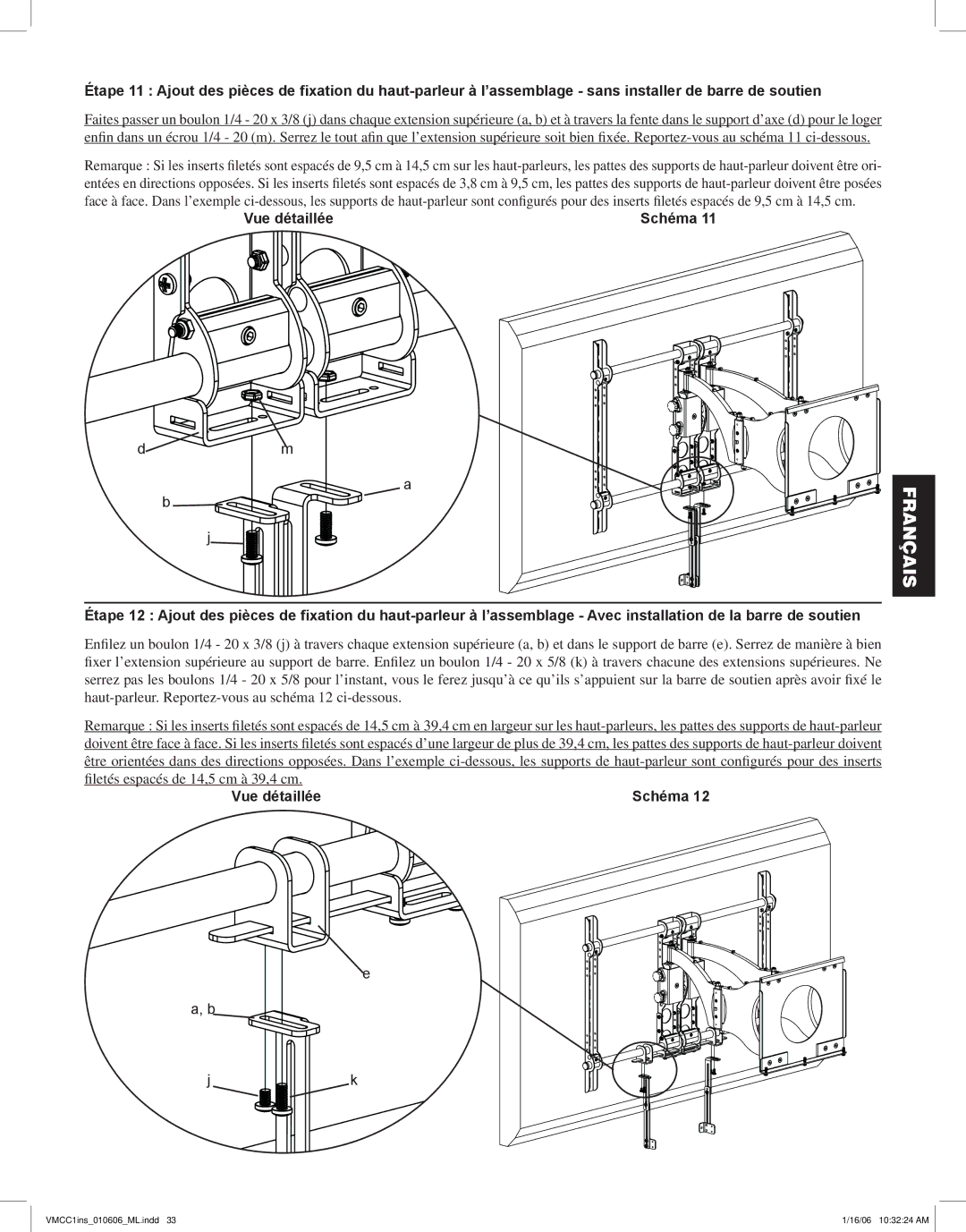 Sanus Systems VMCC1 manual Filetés espacés de 14,5 cm à 39,4 cm 