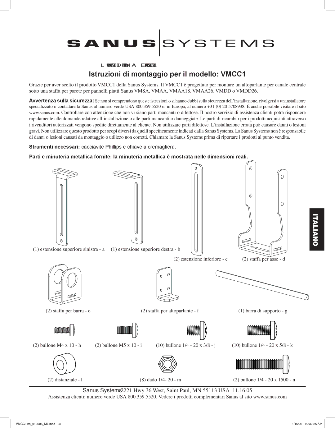 Sanus Systems manual Istruzioni di montaggio per il modello VMCC1 