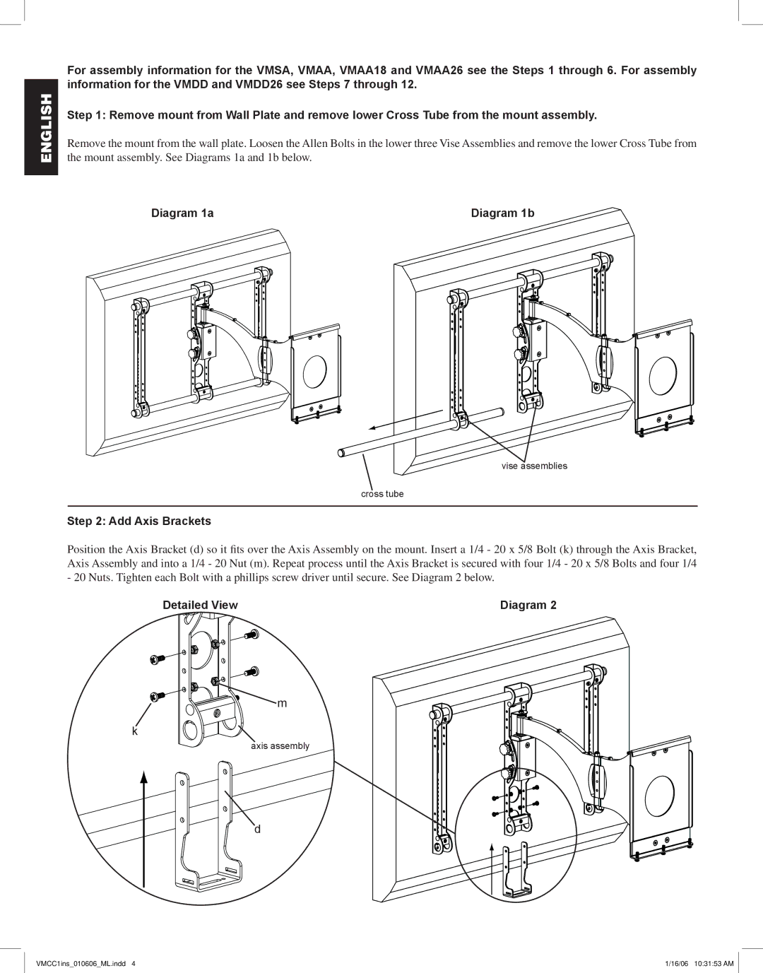 Sanus Systems VMCC1 manual Diagram 1a Diagram 1b, Add Axis Brackets, Detailed View 