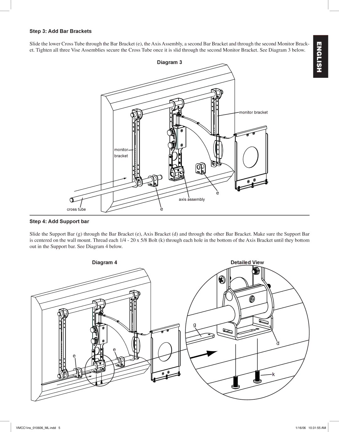 Sanus Systems VMCC1 manual Add Bar Brackets, Diagram, Add Support bar 