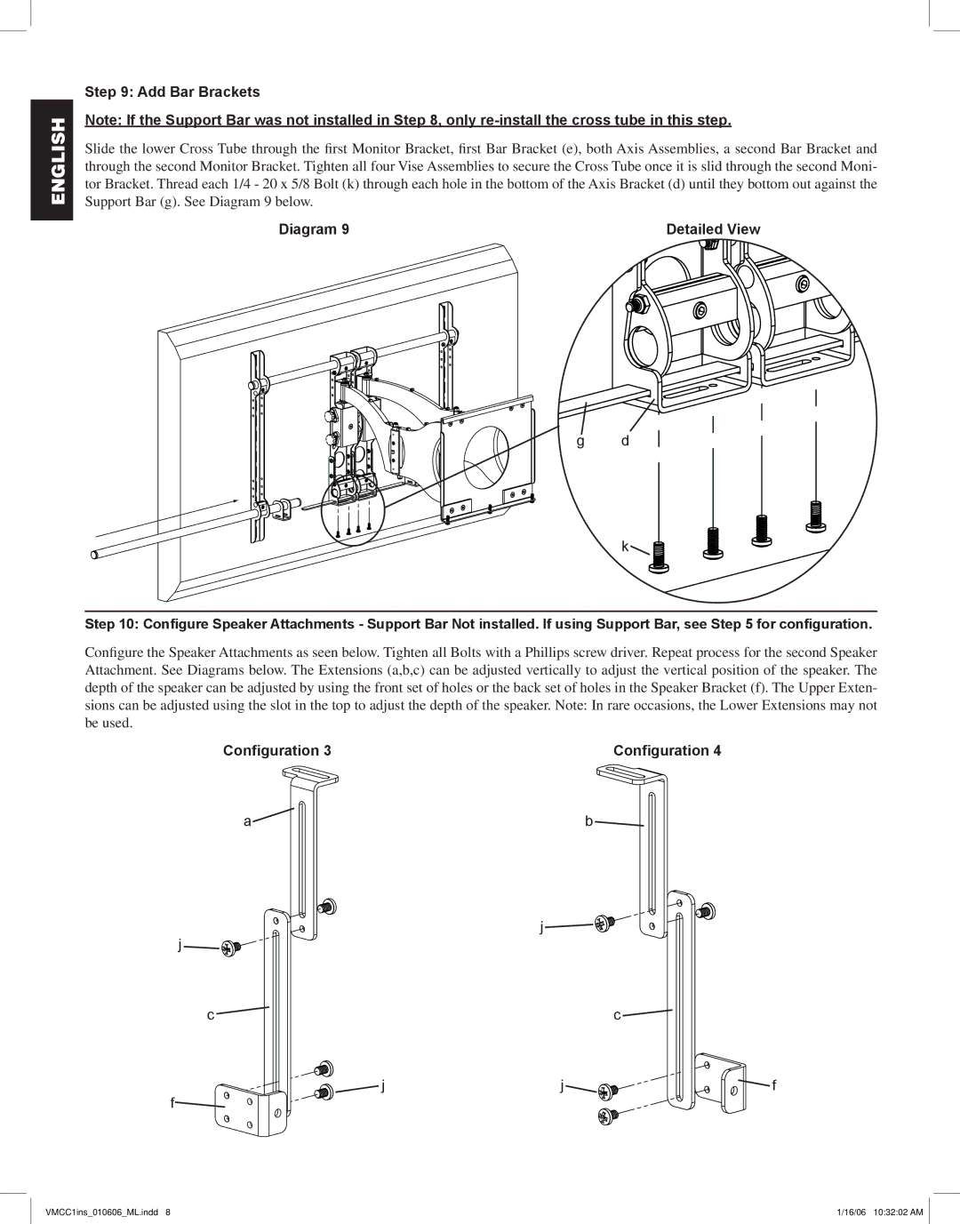 Sanus Systems VMCC1 manual Add Bar Brackets, Configuration 