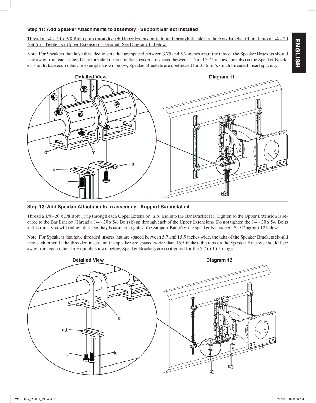 Sanus Systems VMCC1 manual Detailed View, Add Speaker Attachments to assembly Support Bar installed 