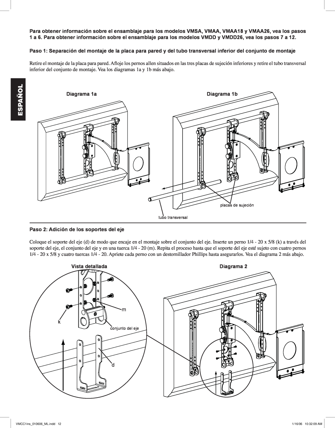 Sanus Systems VMCC1 manual Diagrama 1a, Paso 2 Adición de los soportes del eje, Vista detallada, Español 