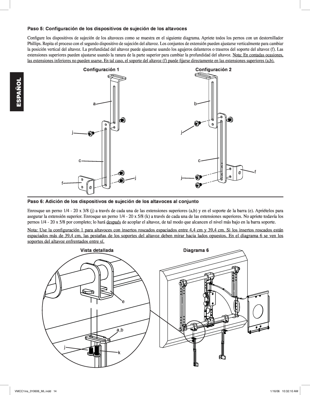 Sanus Systems VMCC1 manual Paso 5 Configuración de los dispositivos de sujeción de los altavoces, Español, Vista detallada 
