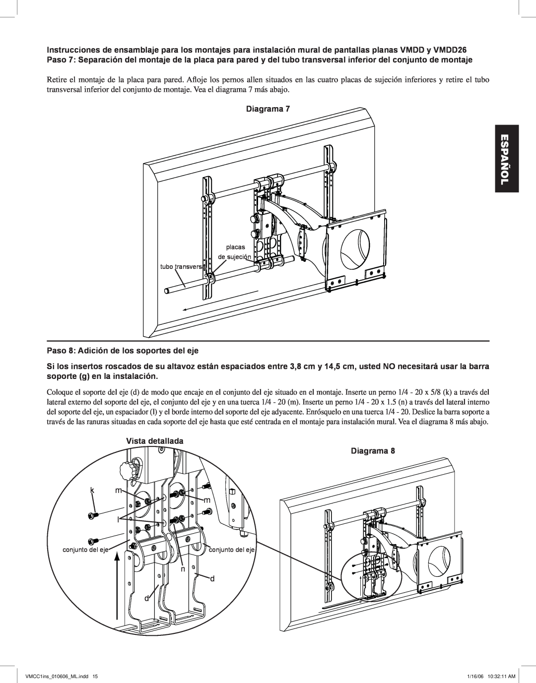Sanus Systems VMCC1 manual Paso 8 Adición de los soportes del eje, Vista detallada Diagrama, Español 