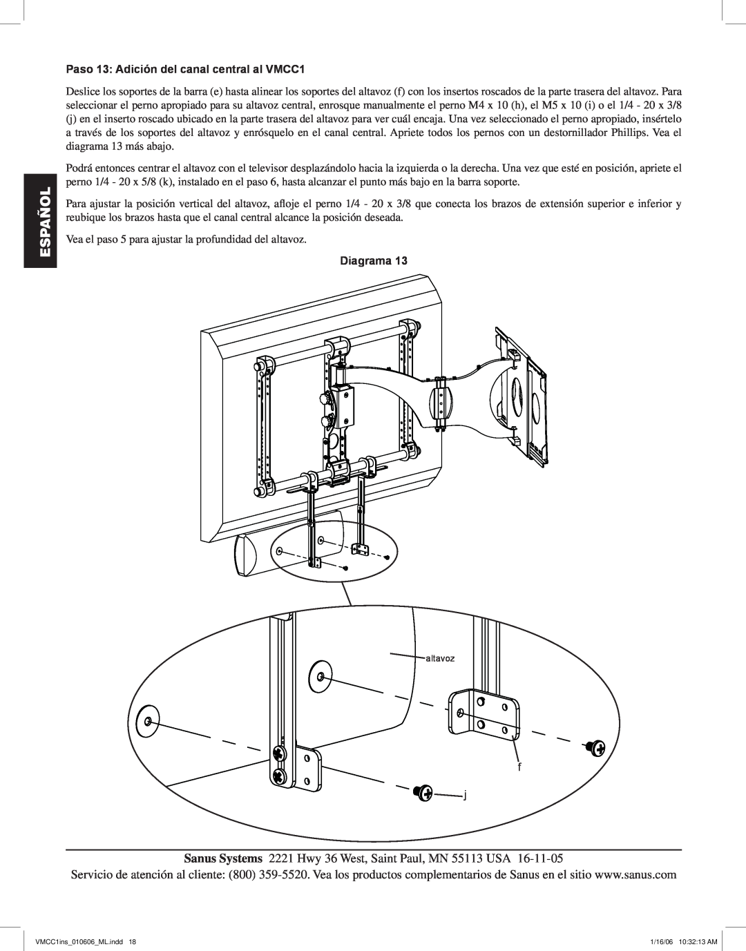 Sanus Systems manual Paso 13 Adición del canal central al VMCC1, Español, Diagrama 