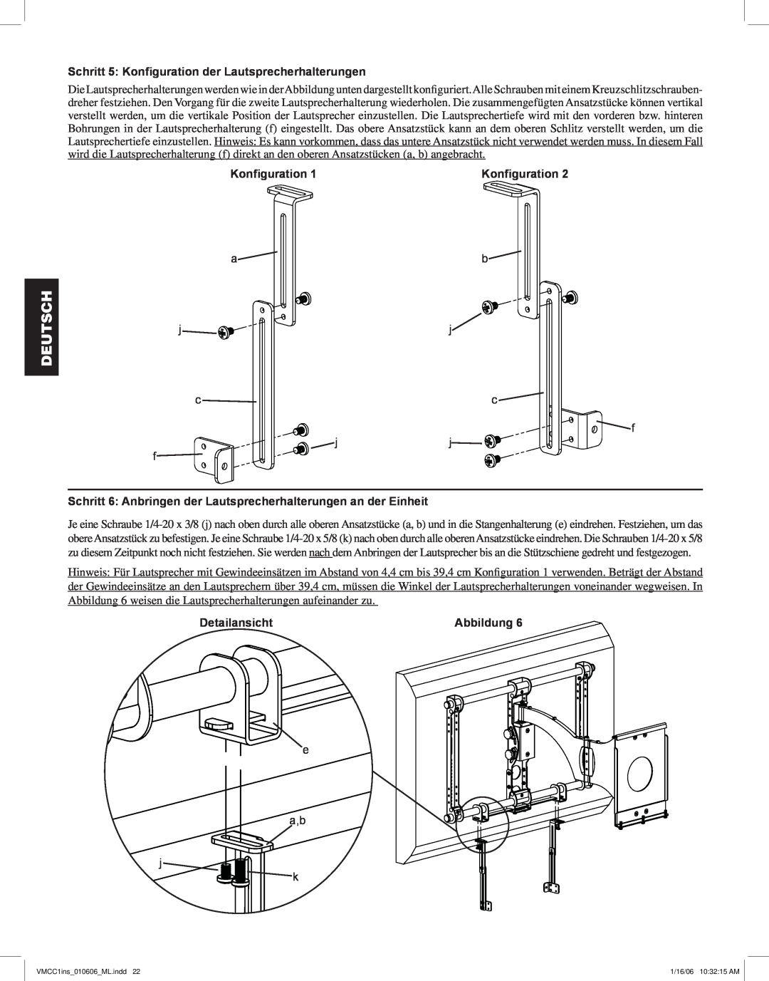 Sanus Systems VMCC1 manual Schritt 5 Konfiguration der Lautsprecherhalterungen, Deutsch, Detailansicht, Abbildung 