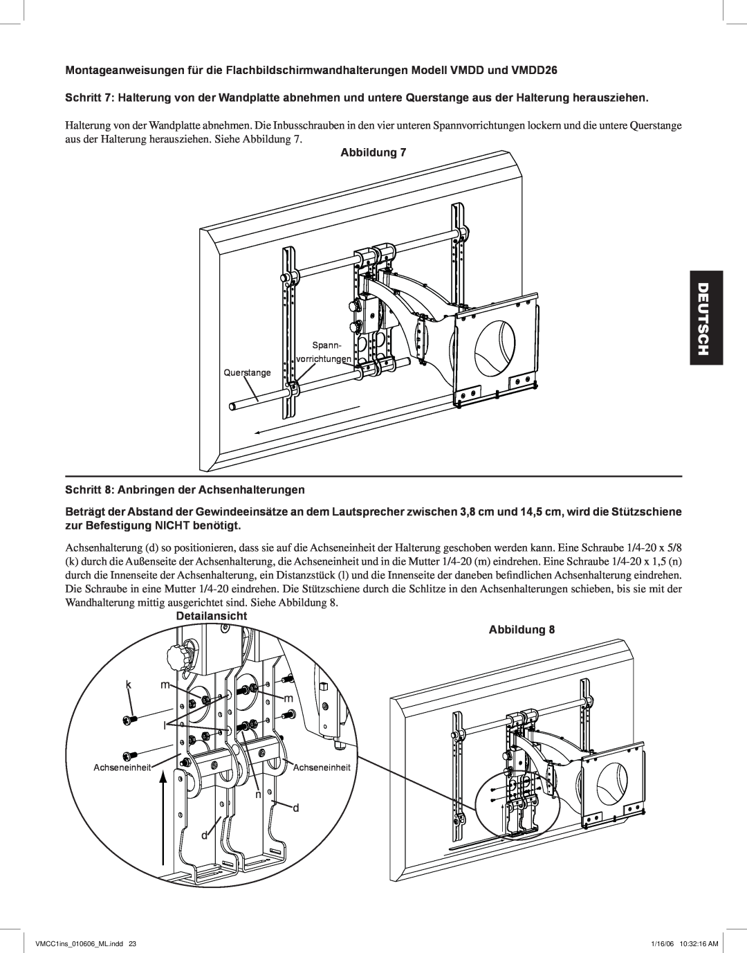 Sanus Systems VMCC1 manual Schritt 8 Anbringen der Achsenhalterungen, Detailansicht Abbildung, Deutsch 