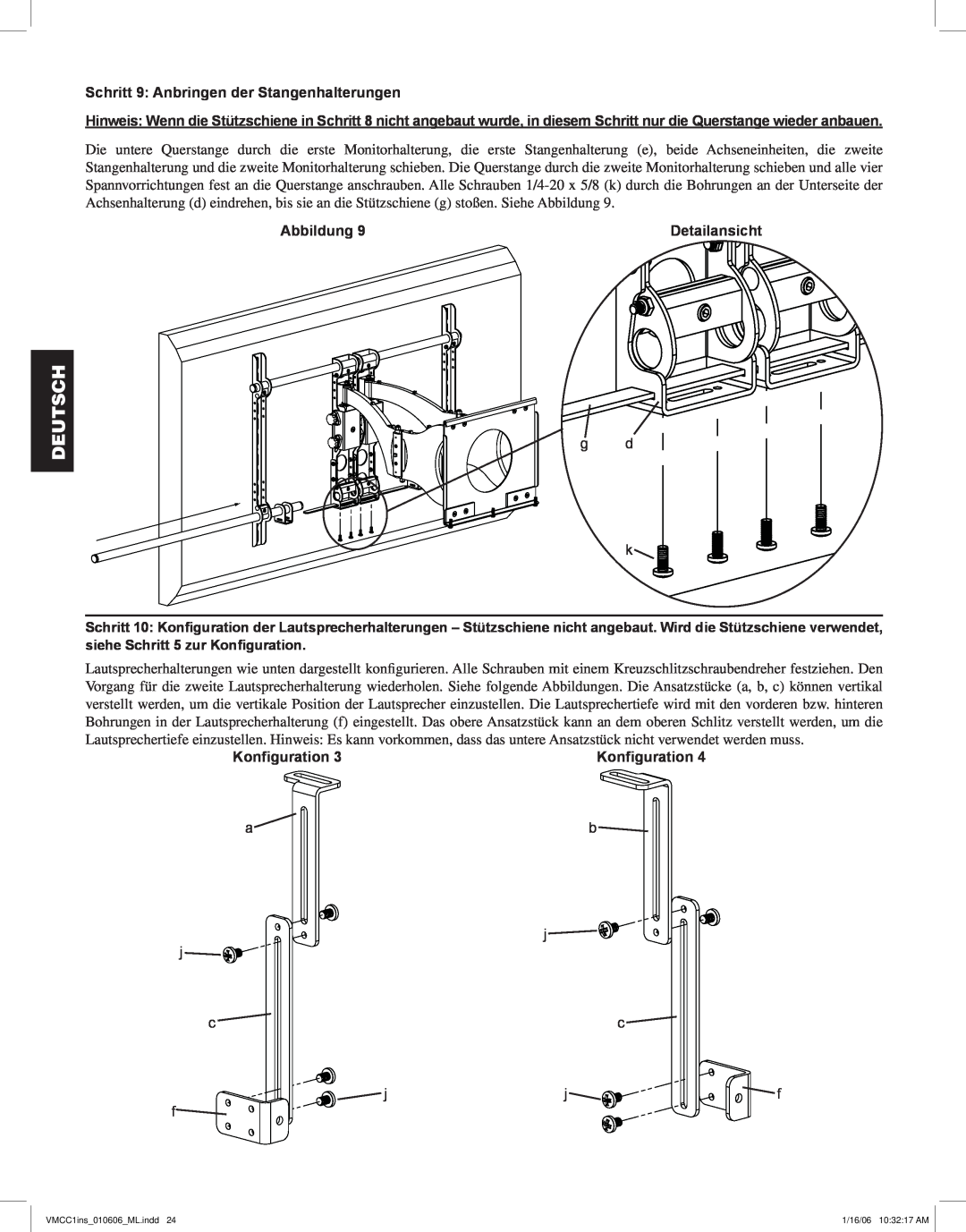Sanus Systems VMCC1 manual Schritt 9 Anbringen der Stangenhalterungen, Deutsch, Abbildung, Detailansicht, Konfiguration 