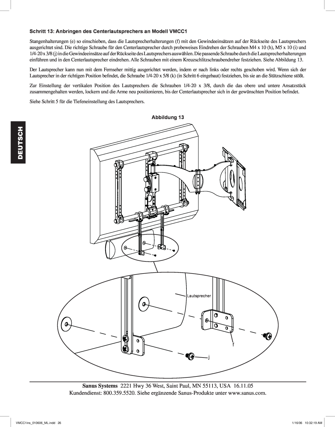 Sanus Systems manual Schritt 13 Anbringen des Centerlautsprechers an Modell VMCC1, Deutsch, Abbildung, Lautsprecher 