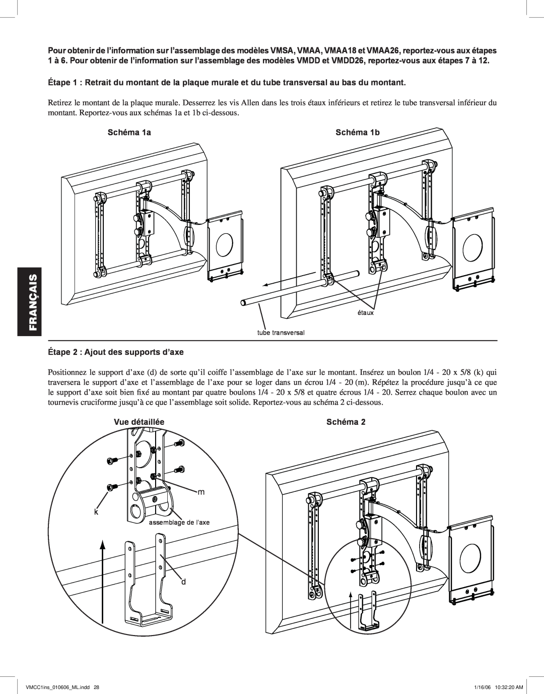 Sanus Systems VMCC1 manual Schéma 1a, Schéma 1b, Étape 2 Ajout des supports d’axe, Vue détaillée, Français 