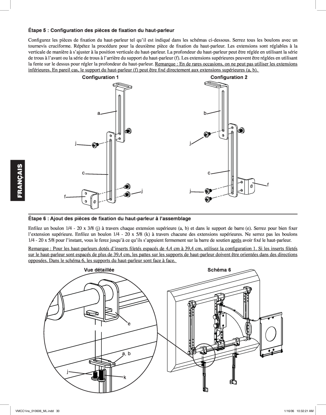 Sanus Systems VMCC1 manual Étape 5 Configuration des pièces de fixation du haut-parleur, Français, Vue détaillée 