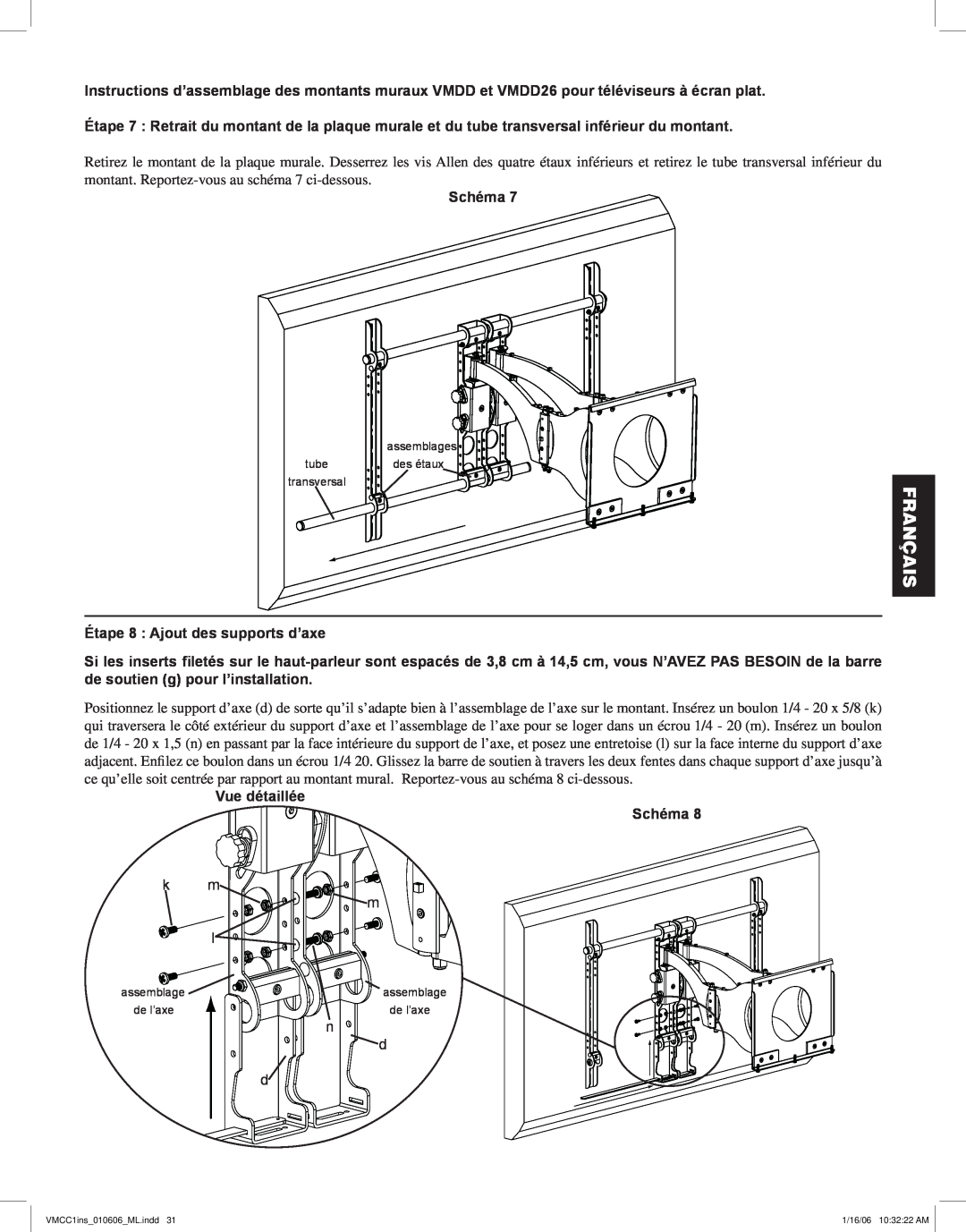 Sanus Systems VMCC1 manual Étape 8 Ajout des supports d’axe, Vue détaillée Schéma, Français, de l’axe 