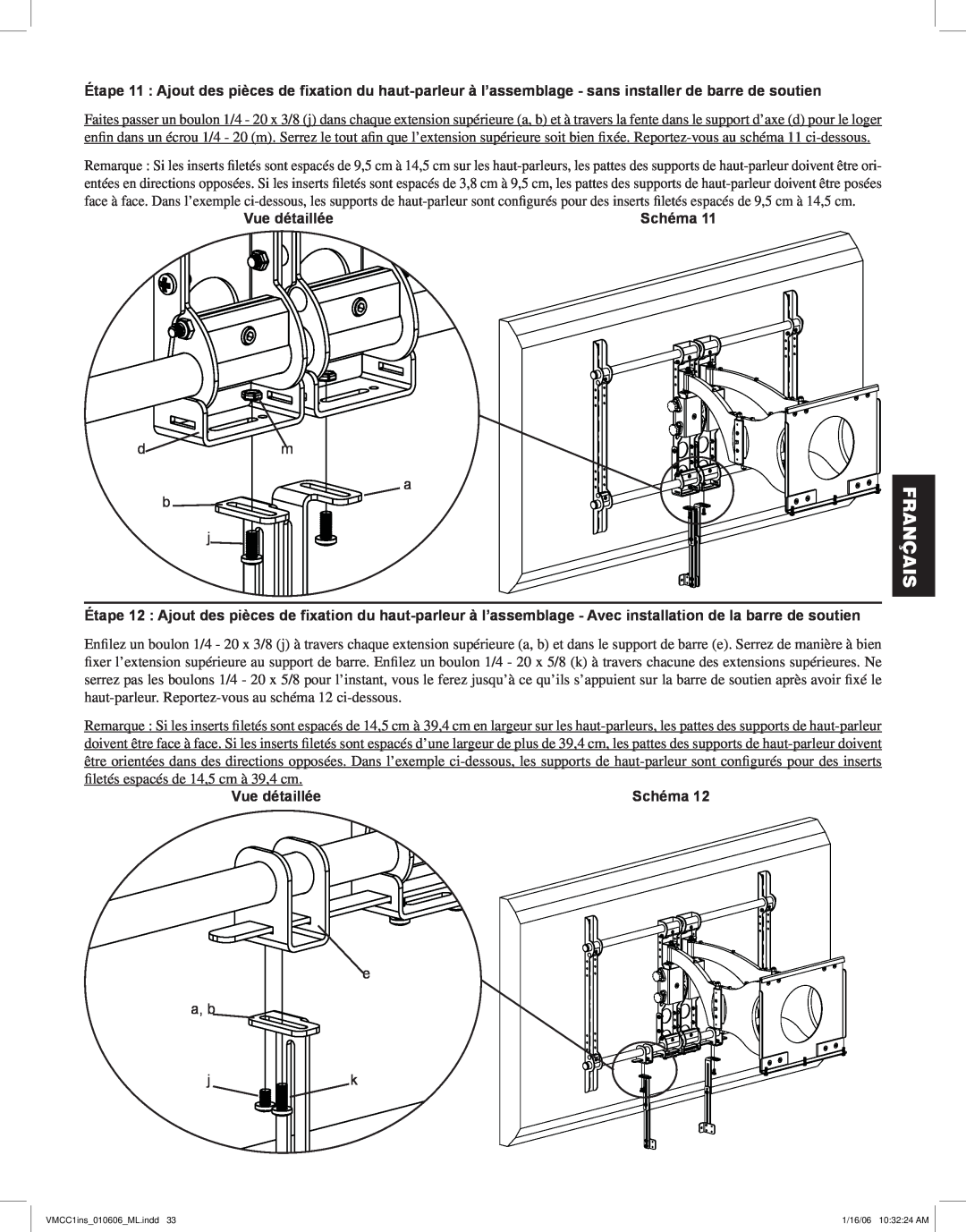 Sanus Systems VMCC1 manual filetés espacés de 14,5 cm à 39,4 cm, Français, Vue détaillée, Schéma 