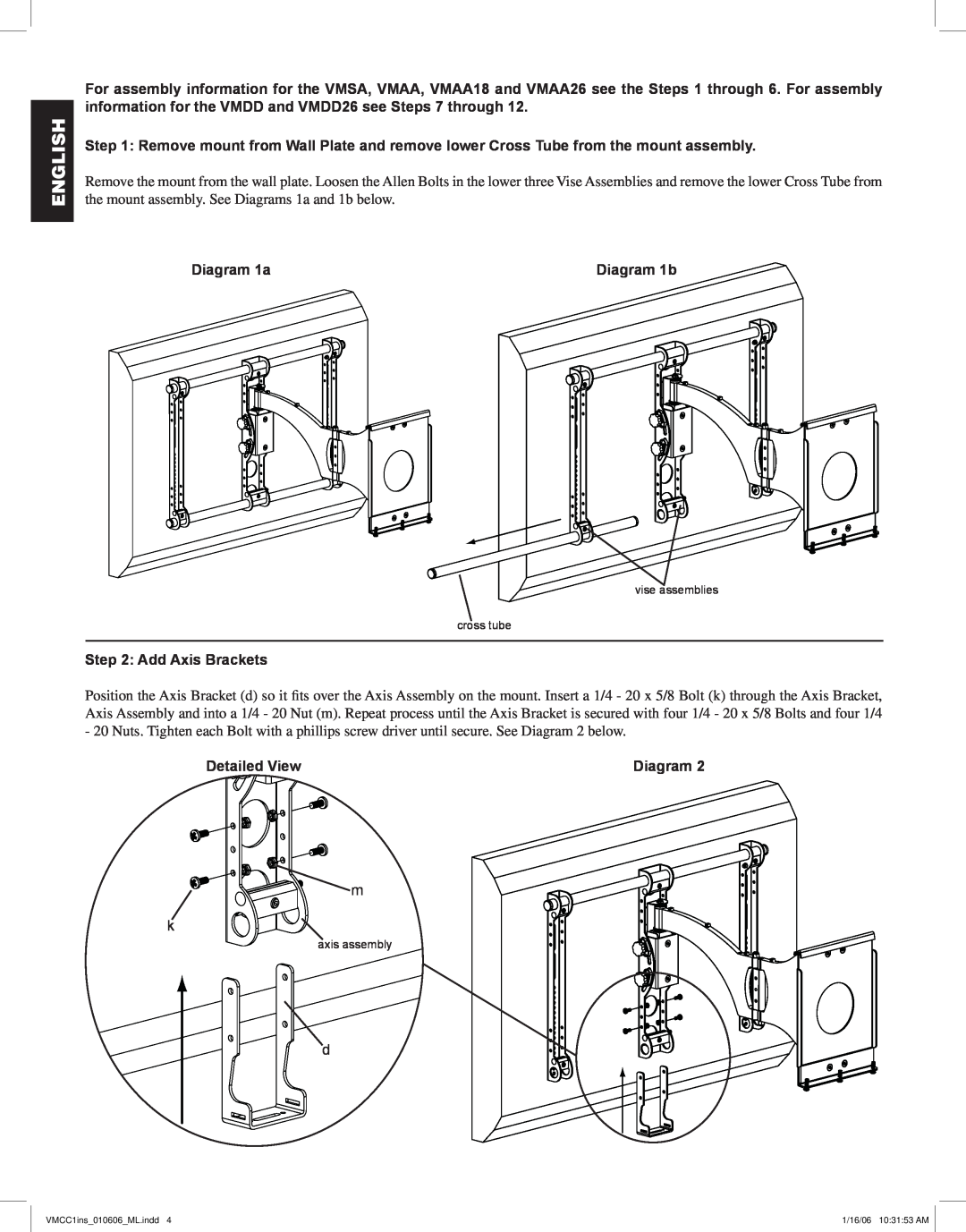 Sanus Systems VMCC1 manual Diagram 1a, Diagram 1b, Add Axis Brackets, Detailed View, English 
