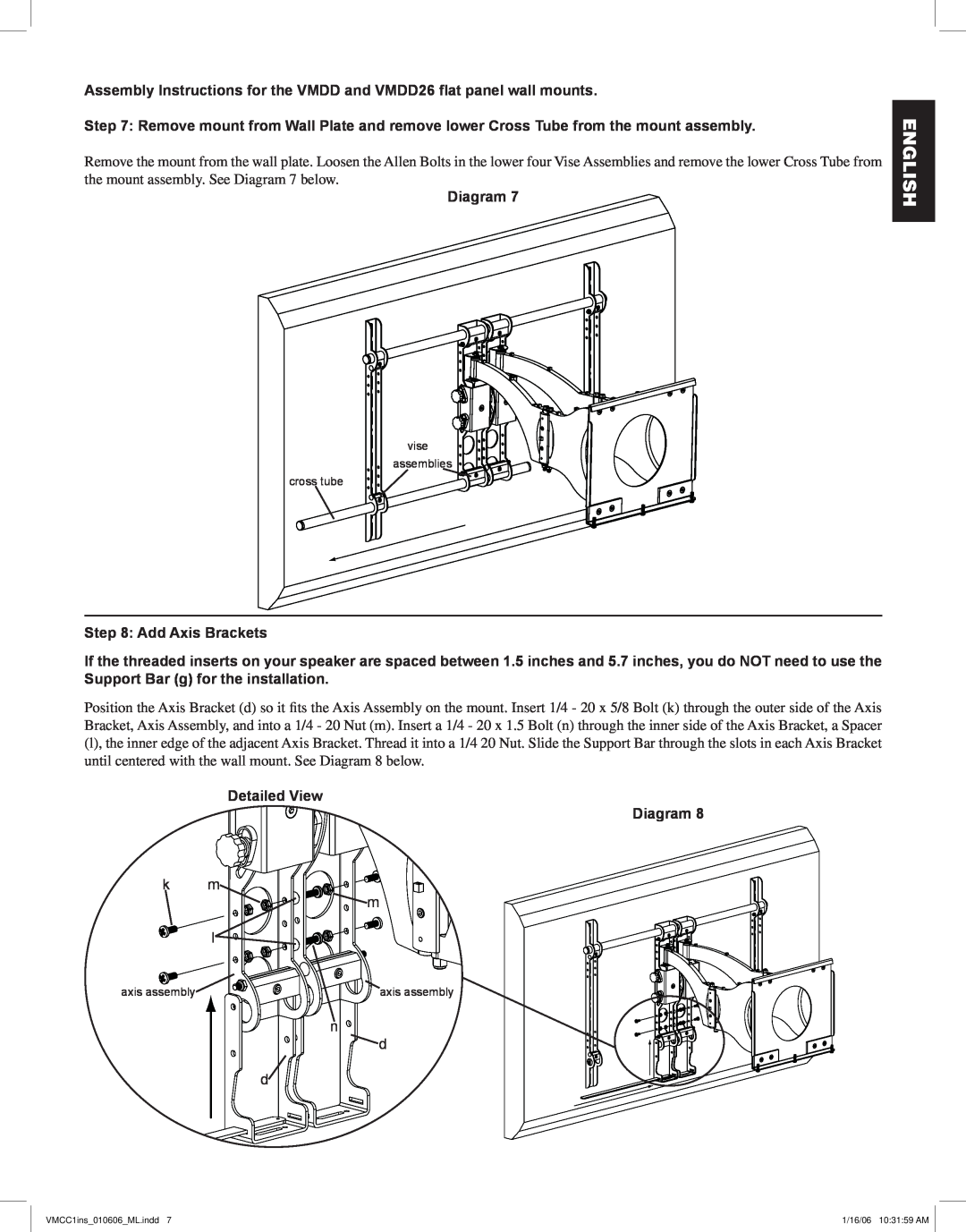 Sanus Systems VMCC1 manual Assembly Instructions for the VMDD and VMDD26 flat panel wall mounts, Add Axis Brackets, English 