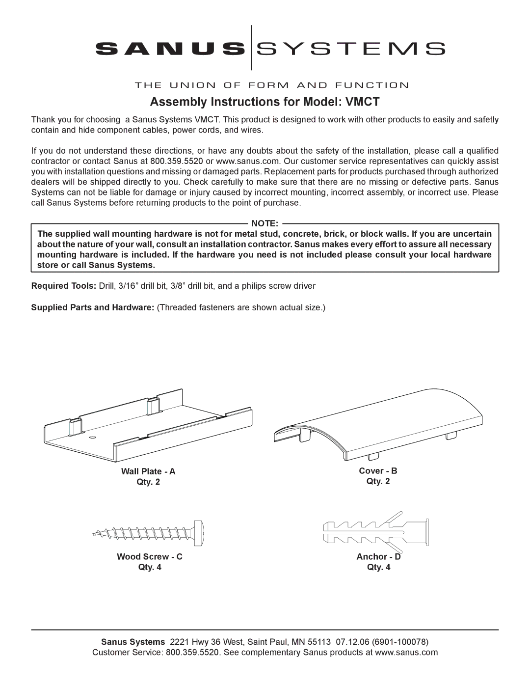 Sanus Systems VMCT manual Assembly Instructions for Model Vmct, Cover B, Qty, Anchor D 