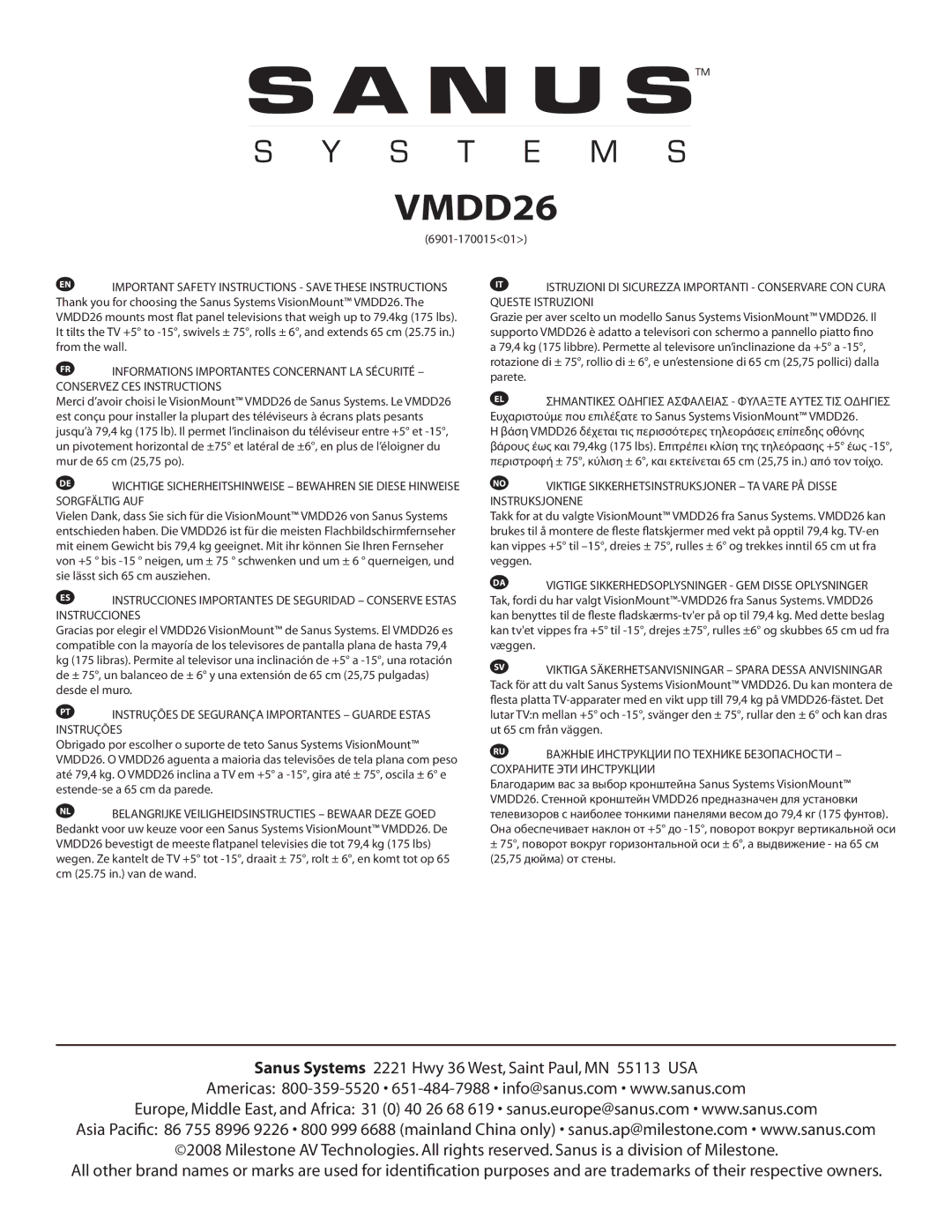 Sanus Systems VMDD26 important safety instructions 