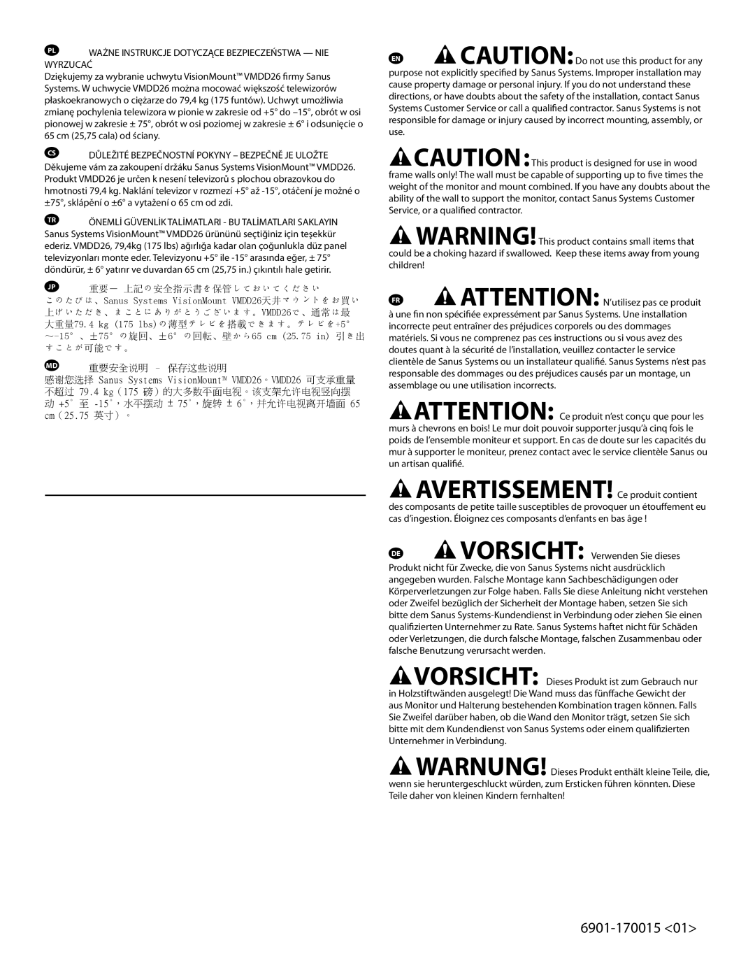 Sanus Systems VMDD26 important safety instructions 6901-170015 