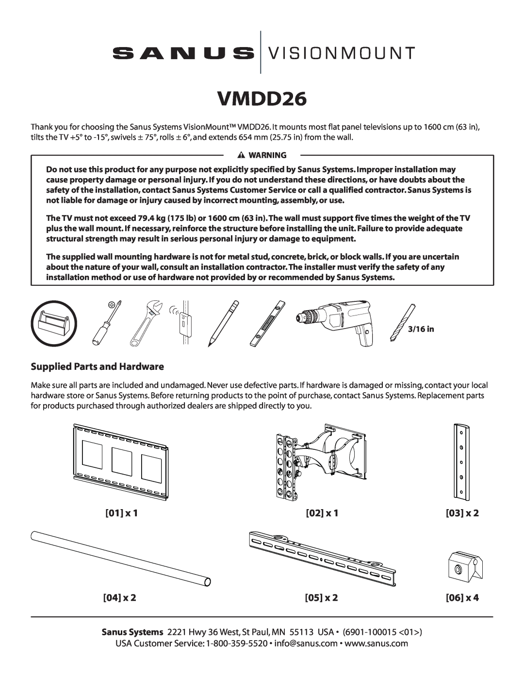 Sanus Systems VMDD26 manual Supplied Parts and Hardware 
