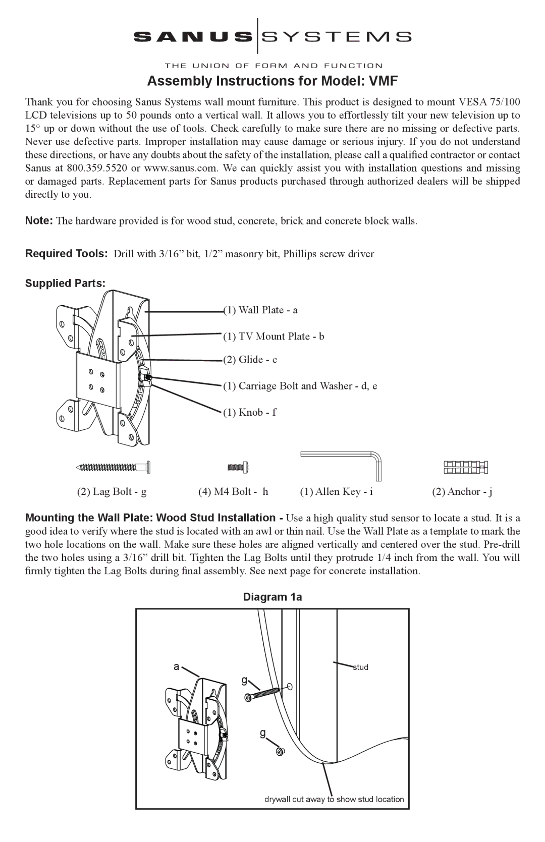 Sanus Systems manual Assembly Instructions for Model VMF, Supplied Parts, Diagram 1a 