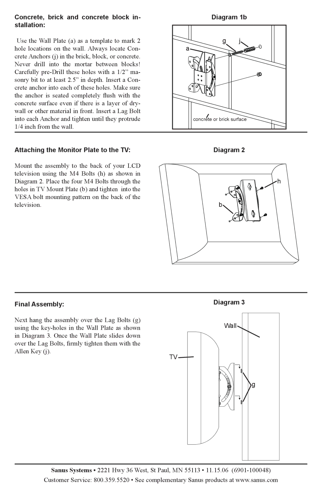 Sanus Systems VMF manual Concrete, brick and concrete block in- stallation, Diagram 1b, Final Assembly 