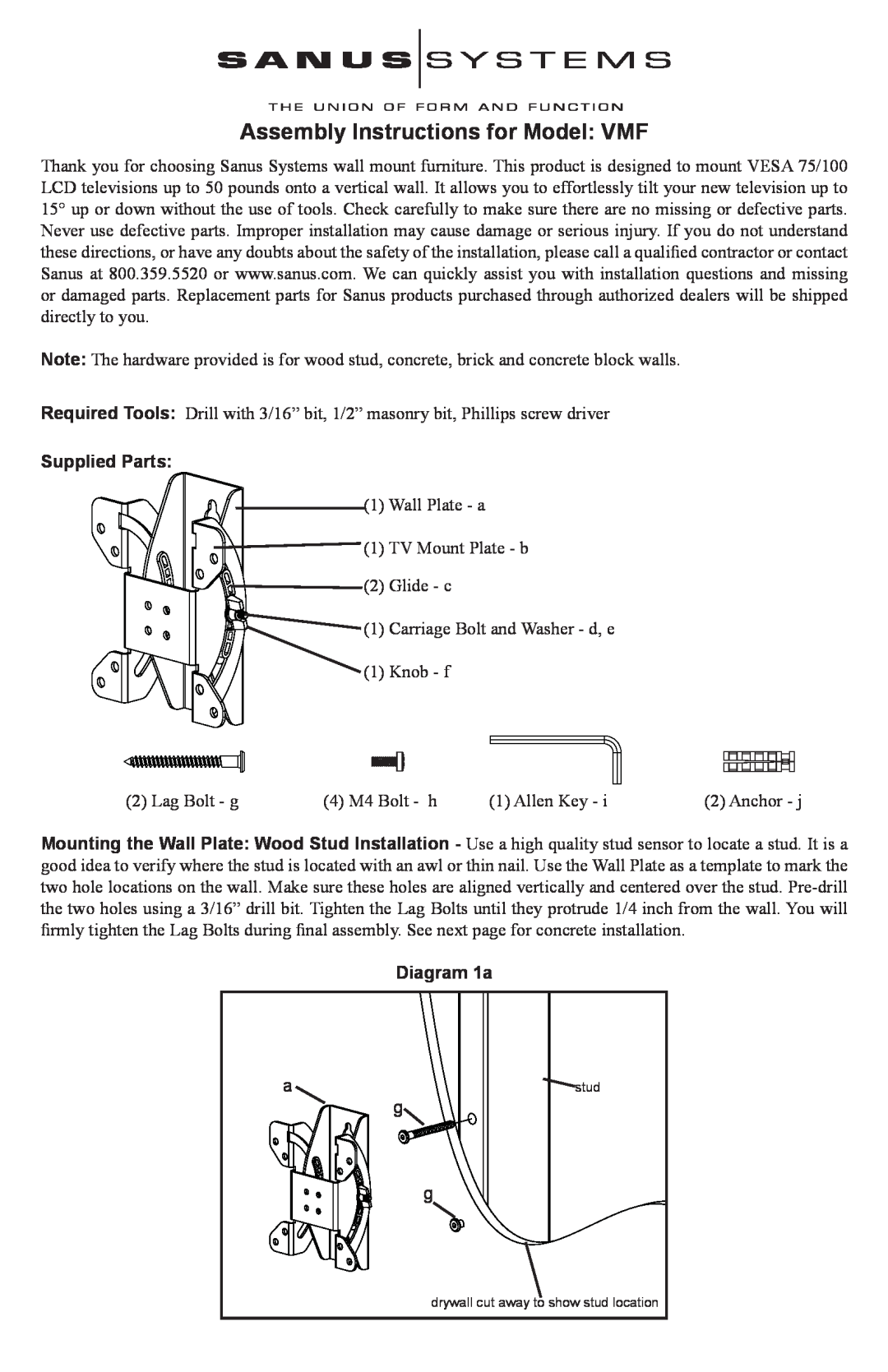 Sanus Systems manual Supplied Parts, Diagram 1a, Assembly Instructions for Model VMF 