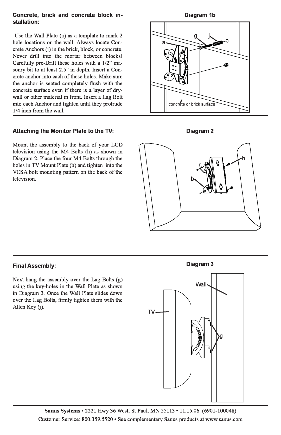 Sanus Systems VMF Concrete, brick and concrete block in- stallation, Diagram 1b, Attaching the Monitor Plate to the TV 