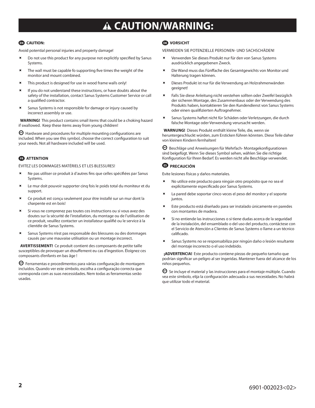 Sanus Systems VMF220-B1 important safety instructions 6901-00202302 