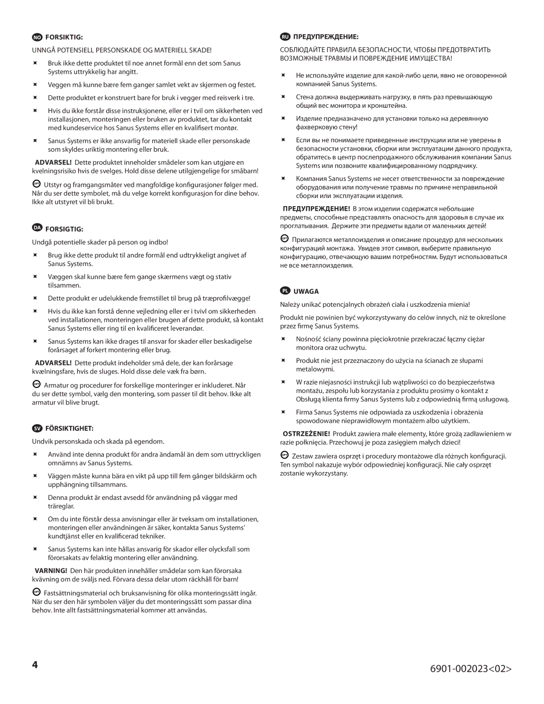 Sanus Systems VMF220-B1 important safety instructions No Forsiktig 