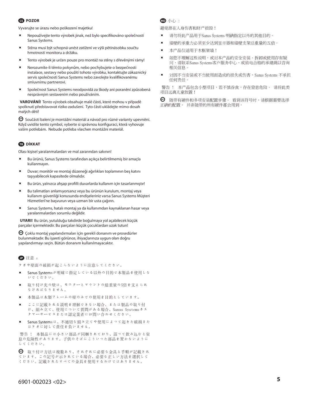 Sanus Systems VMF220-B1 important safety instructions CS Pozor 