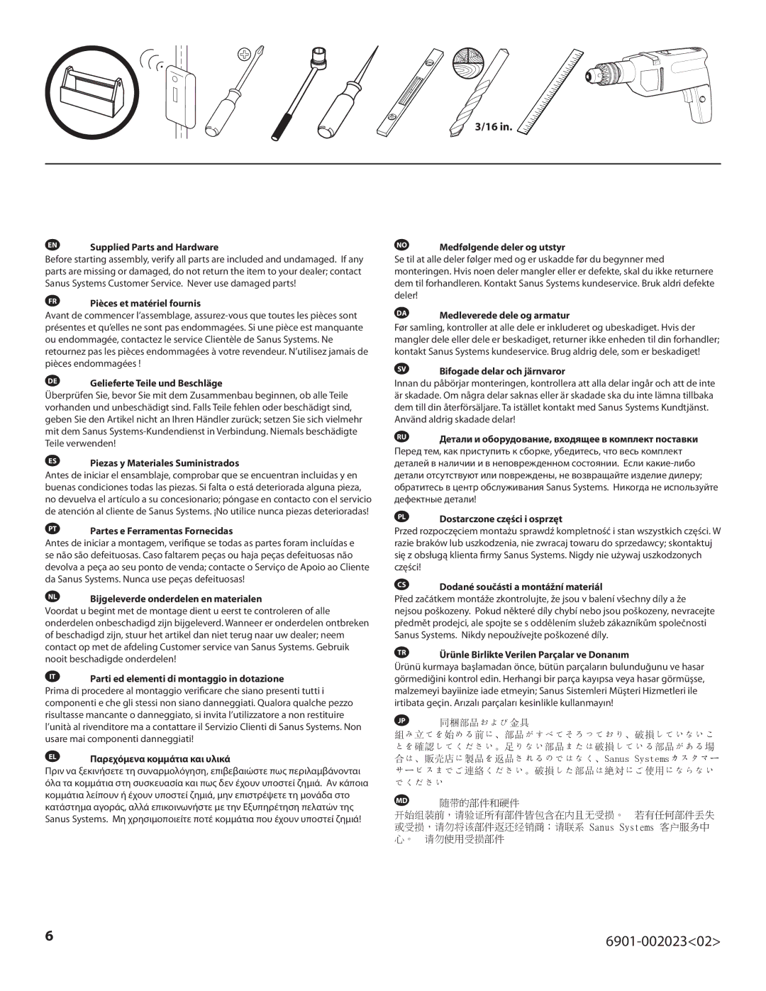 Sanus Systems VMF220-B1 important safety instructions Använd aldrig skadade delar, 随带的部件和硬件 开始组装前，请验证所有部件皆包含在内且无受损。 