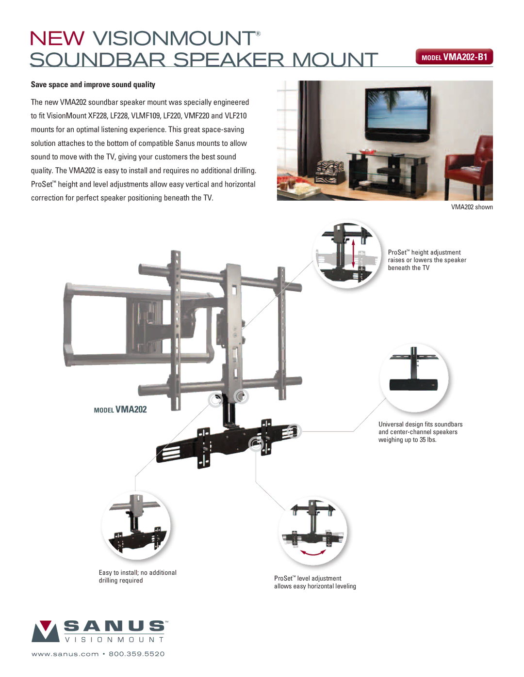 Sanus Systems LF220 manual NEW Visionmount Soundbar Speaker Mount, Model VMA202-B1, Save space and improve sound quality 