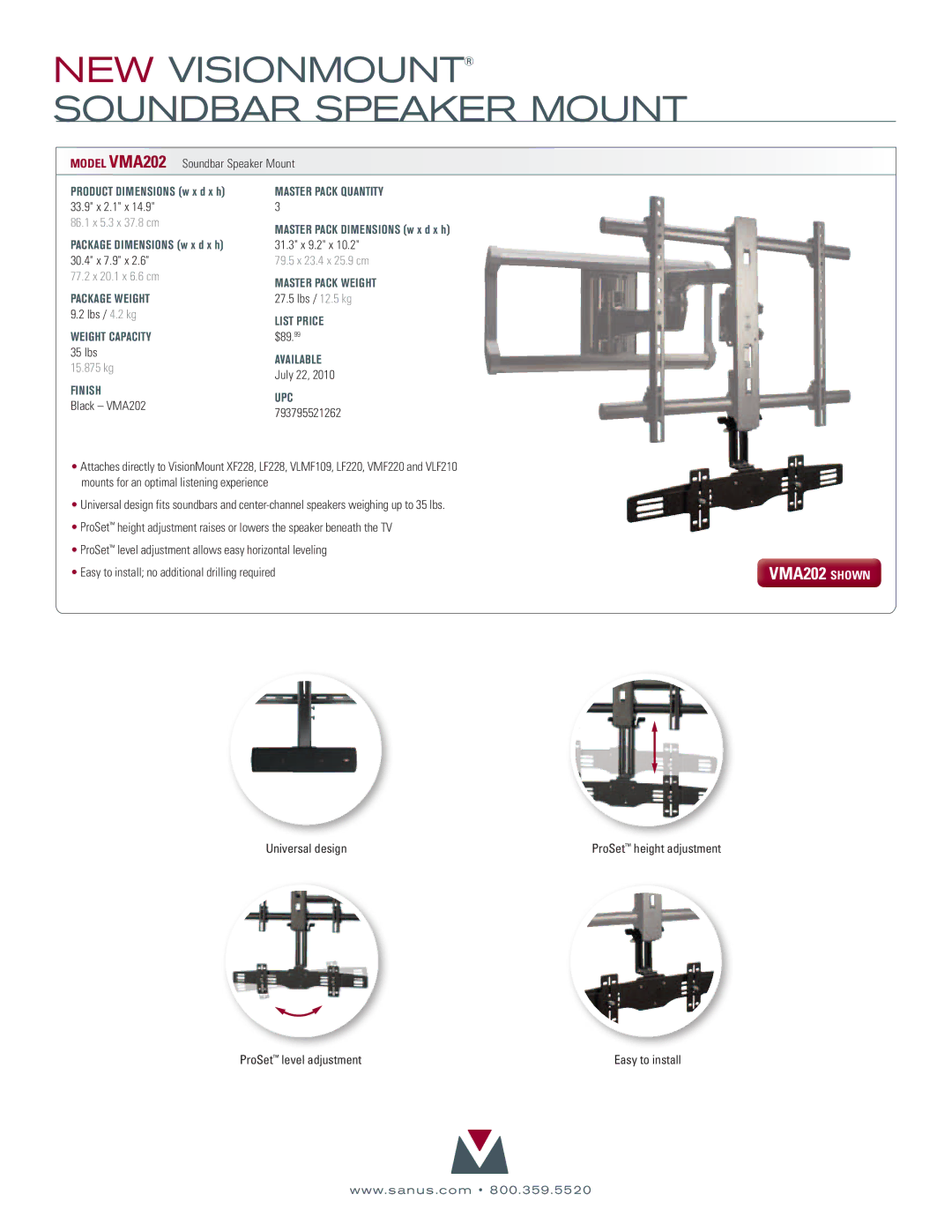 Sanus Systems VMF220, LF220 manual Package Weight, Master Pack Weight 