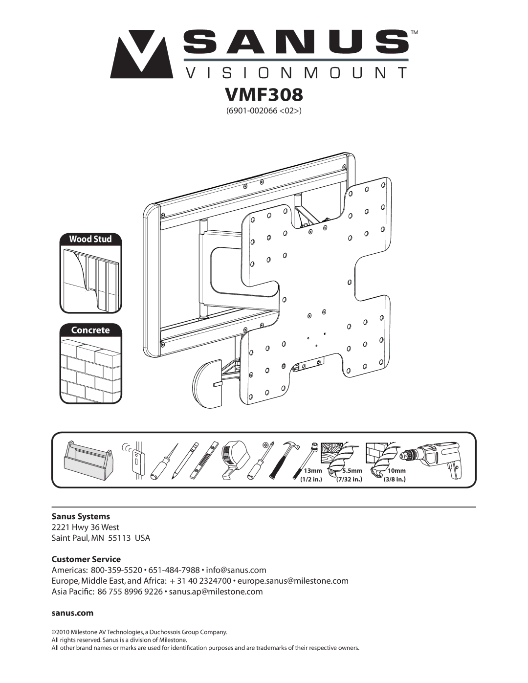 Sanus Systems VMF308 manual 13mm 5mm 10mm 