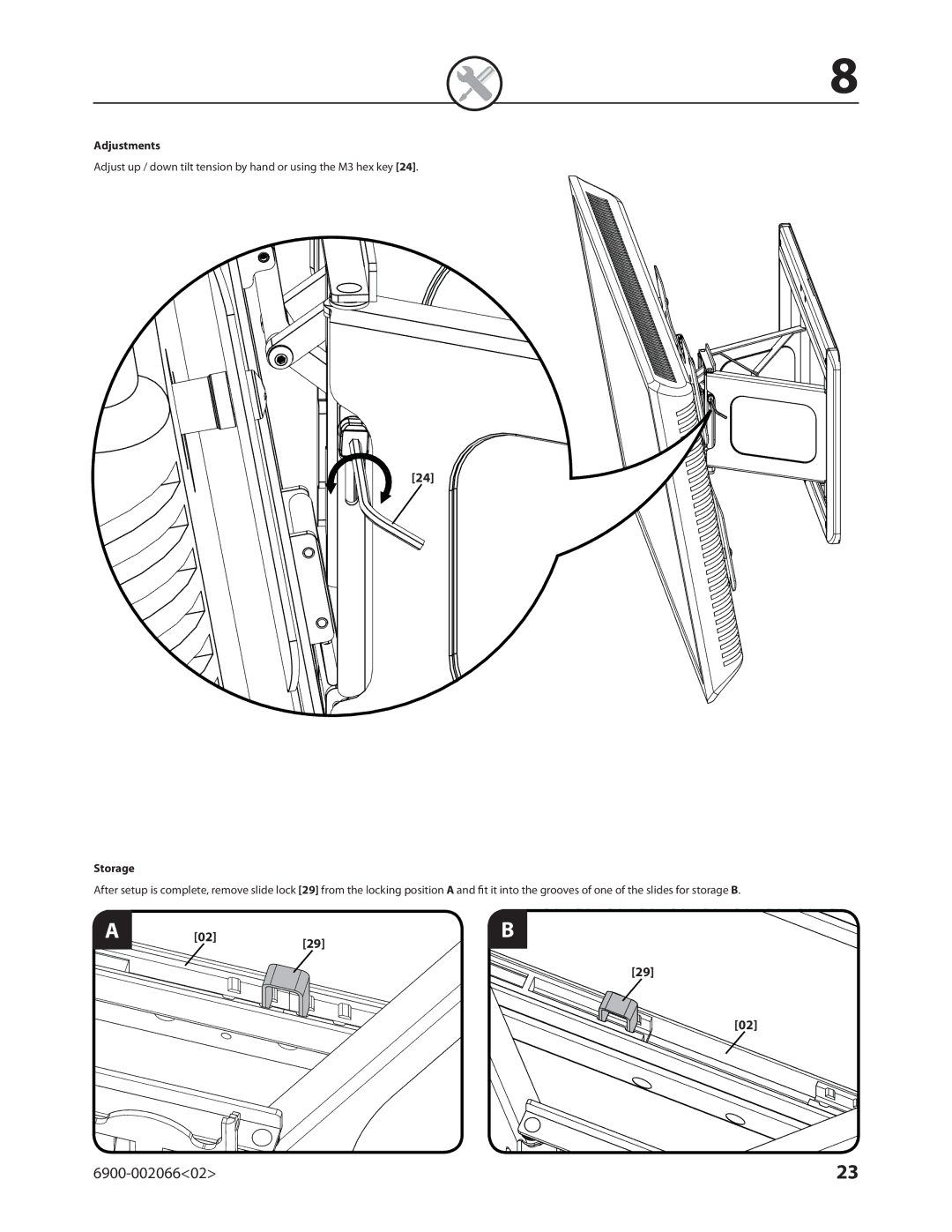 Sanus Systems VMF308 manual Adjustments, Storage 