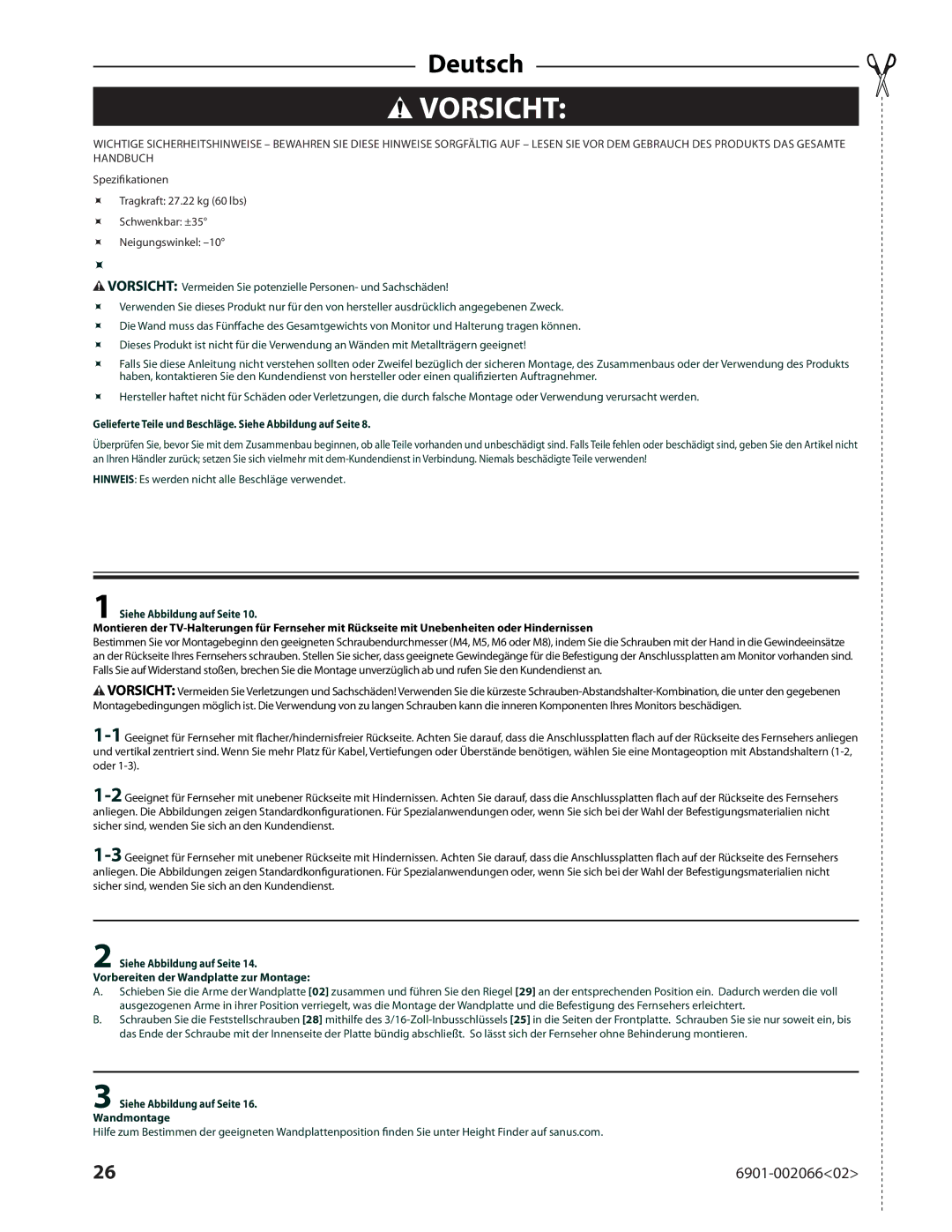 Sanus Systems VMF308 manual Vorsicht, Gelieferte Teile und Beschläge. Siehe Abbildung auf Seite 