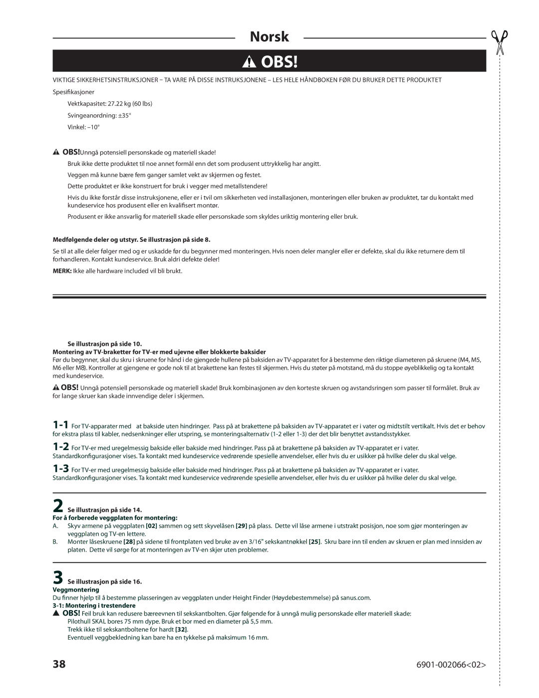 Sanus Systems VMF308 manual Medfølgende deler og utstyr. Se illustrasjon på side, For å forberede veggplaten for montering 